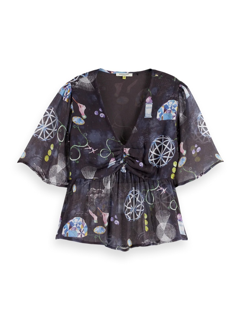 Scotch & Soda Black Short Sleeve V-Neck Blouse with Abstract Multicolor Print